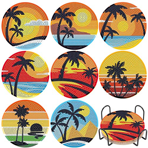 Diamond Painting Untersetzer, DIY Diamant Sonnenuntergang und Strand Malerei Glasuntersetzer mit Halter, 8pcs Rutschfest Getränke Untersetzer, Rund Getränke Tassen Untersetzer Küchen Tassenuntersetzer