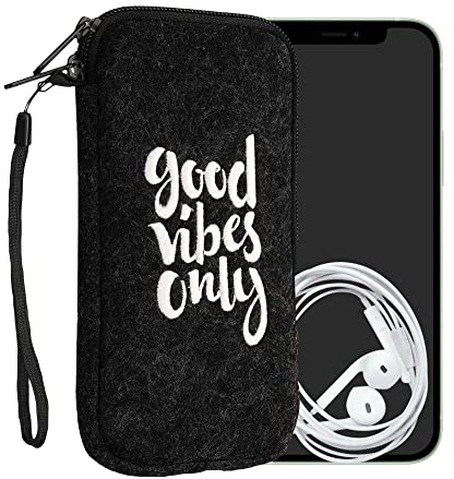 kwmobile Handytasche für Smartphones XL - 6,7/6,8 - Handy Filztasche - Good Vibes Only Weiß Dunkelgrau - 17,2 x 8,4 cm Innenmaße