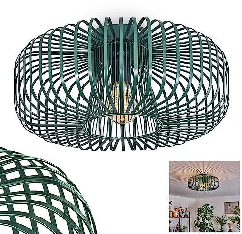 HOFSTEIN Deckenleuchte Wemude, runde Deckenlampe aus Metall Gitterlampe, 40 cm Durchmesser, E27-Fassung, Modern Vintage, Grünes Metall, Spannender Lichteffekt, Esszimmer Küche Innenbereich