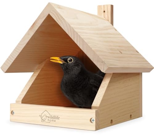 WILDLIFE HOME Amsel Nichoir semi-ouvert en bois massif vissé I Demi-cavité résistante aux intempéries et non traitée I Mangeoire à oiseaux à suspendre pour demi-caverne, rouge-gorge, etc.