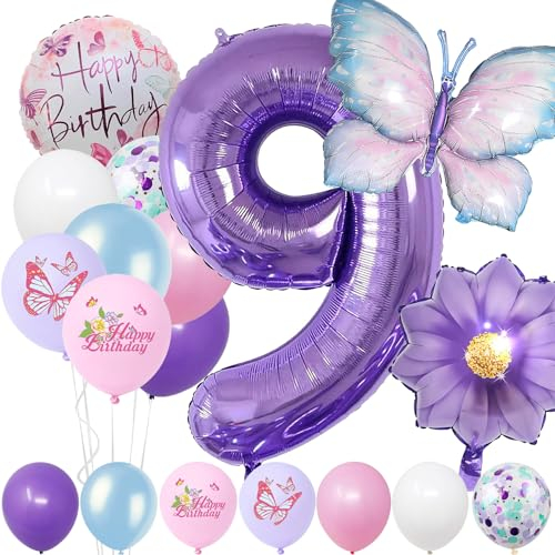 9 Jahre Set - Zahl Folienballon,22 Stück Blau Lila Geburtstagsdeko,Schmetterling Blumen Ballon,Kindergeburtstag Party Deko Zahl 9 Luftballon für Mädchen Jungen Geburtstags Festival Party Dekoration