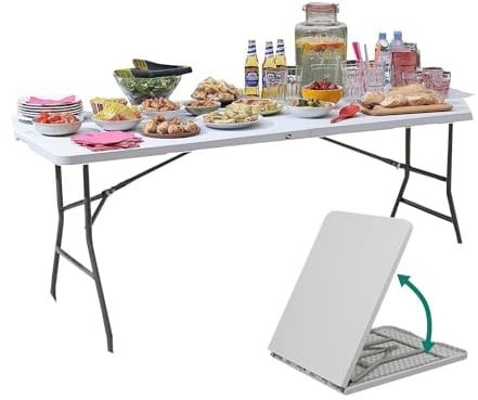 Avilia Tavolo Pieghevole Portatile salvaspazio | Tavolo richiudibile | Tavolo da campeggio con Sistema di Blocco di Sicurezza, Fino a 6 Persone - 180x75x74 cm (Bianco)