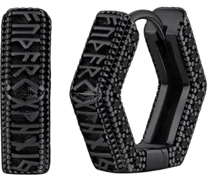 FaithHeart Schwarz Creolen Ohrring, Sechseck Zirkonia Ohrstecker für Herren Damen, Wikinger Rune Ohrstecker mit Geschenkbox für Geburtstag Valentinstag