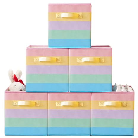 Lanrinwon 11 Inch Fabric Collapsible Storage Cubes,6 Pack Rainbow Colored Closet Storage Bins with Metal Handles Foldable Cube Baskets for Organizing Clothes, Toys, Books