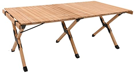 ZENFEKU Campingtisch, Massivholz-Rolltisch, klappbarer Holztisch, tragbar, für draußen, drinnen, faltbar, Picknicktisch, Camping, Grillen, Angeltisch (Beige)