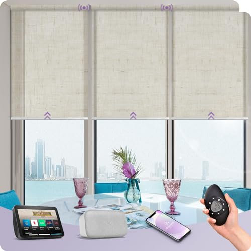 Graywind Elektrische Rollo Innen Lichtfilterung, nach Maß Wiederaufladbar Smart Fensterrollo, UV-Schutz Jalousien mit Fernbedienung, Motorisiert Rollo Kompatibel mit Alexa Google, Sheer Linen Beige