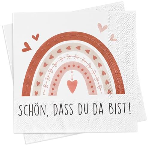 30 Stück Boho Regenbogen Servietten, Schön dass du da bist Servietten, 30 x 30cm Servietten Geburtstag Mädchen Jungen, Boho Papierservietten Party Servietten für Taufe Babyparty Geburtstag Tischdeko