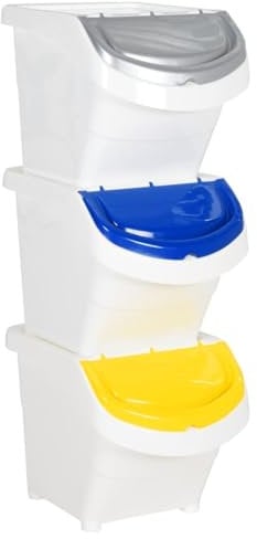 vidaXL Poubelles empilables avec couvercles 3 pcs Blanc PP 78 L, Poubelle de Recyclage, Poubelle de Cuisine, Poubelle de tri, Poubelle