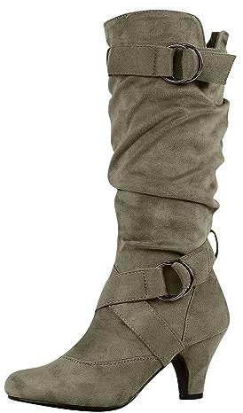 Stivali Invernali Donna Stivali Cavalier Stivali a Mezza polpaccio Stivali Con Lacci In Pelle Scamosciata Stivali Alti Tacchi Spessi, grigio, 37 EU Ancho