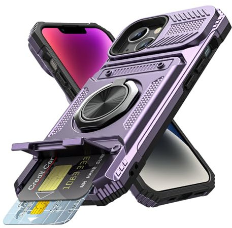 Coolden for iPhone 14 Plus Case with Card Holder [Max 2 Cards] Ring Kickstand Shockproof Military Grade Dual Layer Heavy Duty Protective Case Wallet Case Cover for iPhone 14 Plus Phone Case-Purple