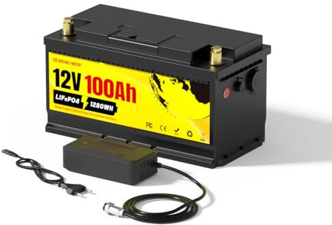 SCREMOWER Batterie Lithium 12V 100Ah LiFePO4 avec 100A BMS, Ports USB Batterie Rechargeable à Décharge Profonde Pour Solaire, Camping Car, Off-Grid, Bateau, Caravane