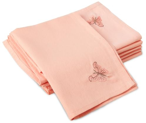 Encasa XO Serviettes de Table, Tissu Coton Brodé 17x17 Papillon Rose poudré