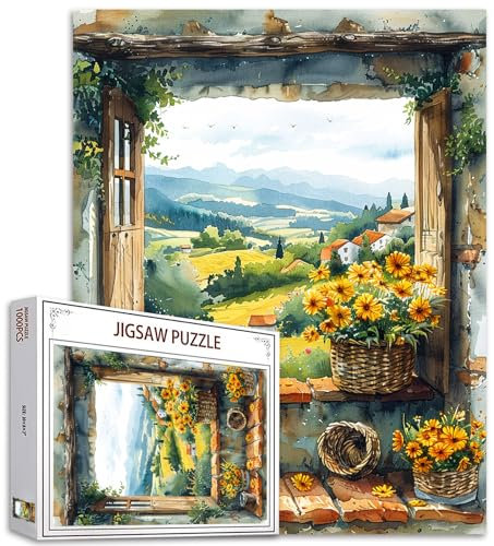 Tucocoo 1000 Teile Puzzles für Erwachsene Blumenfeld Malerei Puzzle Land Fenster mit Körben Kunst 1000 Teile Puzzles für herausfordernde Familienaktivitätsspiel DIY Puzzle Wanddekoration Geschenke