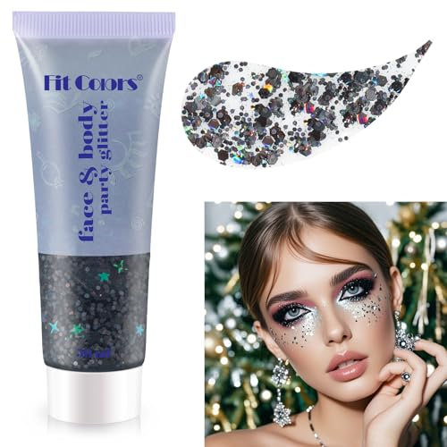 Body Face Hair Glitter Festival - 50ml Halloween Festival Face Paint Glitter Gel Mermaid Sequins Chunky Glitter Glue Face Paint Hairspray for Body Face Nails DIY Art (Black)