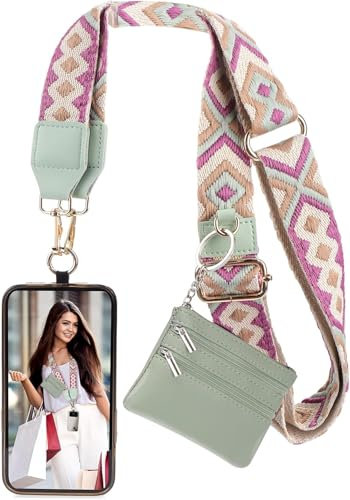 RETZLA Clip and Go Strap for Phone with Wallet Crossbody, Phone Strap with Zippered Wallet, Adjustable Anti Theft Cellphone Lanyard for Women, Cellphone Chain Accessories Green (Green)