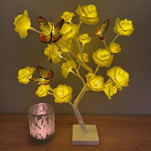 Lichterbaum mit 20 LED beleuchteten künstlichen Rosenblüten und mit Schmetterlingen verziert - inkl. 6-Stunden Timer - Deko Kunstblumen, Stimmungslicht (Gelb)