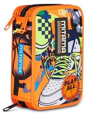 Mitama Federmäppchen für die Schule, 3 Fächer, Super Triple Mita Playy, Inhalt 47 Teile, mit Bleistiften, Markern, Stifthalter für die elementare Schule, Kinder, Orange, Modern, Orange, Modern