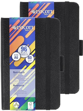 Westcott Notizbuch DIN A6 kariert (2er-Set) | 2 x 192 Seiten im edlen Hardcover-Einband | 80 g/m² nachhaltiges FSC-Mix Papier | mit Innentasche, Lesezeichen, Gummizug und Stifthalter | E-1744843 00