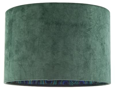 Designer Chic Forest Green Velvet Fabric Dum Lamp Shade with Colourful Peacock Feather Themed Inner | 30cm x 20cm by Happy Homewares