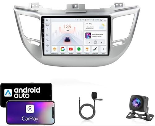 Estéreo de coche Android 14 doble DIN con pantalla táctil para Hyundai Tucson 3 2015-2018 con Bluetooth, navegación GPS, WiFi, radio FM, USB/SWC/Plug and Play, compatible con Carplay y Android Auto
