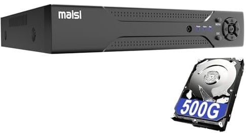 maisi 1080P Lite 4 Channel DVR Recorder with 500GB Hard Drive for CCTV Camera System, Support AHD/CVI/TVI/IP/CVBS(Analog) Cameras, Motion Detection, Remote Viewing on PC & Phone, USB Backup