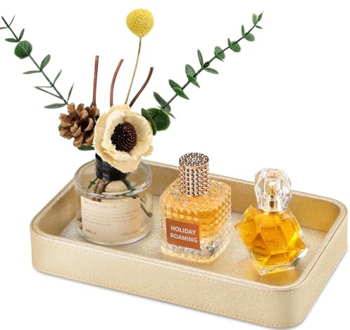GORESE Badezimmer Tablett,Deko Tablett PU Leder Rechteckige Badezimmer Deko Schlüsselschale,Sofatablett Dekoschale Tabletttisch Schmuckablage Ablageschale für Badezimmer,Schlafzimmer(Gold)