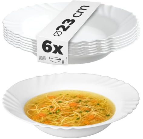 KADAX Tiefer Teller ∅ 23 cm, 6er Set, minimalistischer Suppenteller aus gehärtetem Glas, Tellerset, Pastateller, Tiefteller, Nudelschalen, Speiseteller (Weiß)