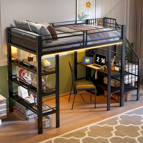 Merax Cama alta de 90 x 200 cm, con barra de luz LED y enchufe, cama de metal con estantería, escritorio y escalera de almacenamiento, cama individual multifuncional con escalera reversible, color