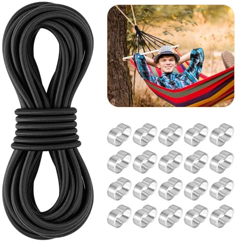 Gummiseil Expanderseil Elastisches Spannband 8mm 10m Schwarz, Elasten Gummikordel mit 20 M9 Aluminium Crimpschlaufe, Gummischnur für Anhängerplane, DIY Basteln Nähen, Gepäck, Camping