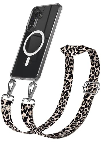 EAZY CASE Handykette - Verstellbares Taschenband kompatibel mit Galaxy S26 Plus, Schulterriemen, Handykordel mit Silikon Hülle, Qi Charging kompatibel, Umhängetasche, Leo - Schwarz Beige Silber
