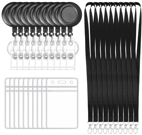 Porte Badge Vertical Étanche, Porte Carte Transparent Rigide en Plastique avec Enrouleur Rétractable et Cordon Tour de Cou, Lot de 10 pour Bureau École Conférence