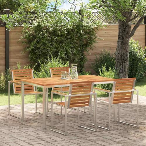 Holekex Esstisch aus massivem Akazienholz und Edelstahl, 150 x 90 x 75 cm, gartentisch terrasse Balkon Outdoor wetterfest für draußen, pflegeleicht und langlebig für Essen und gesellige Runden