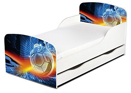 Leomark Einzelbett aus Holz - EIN Ball - Kinderbett mit Schubladen für Bettwäsche, Stauraum, Holzbett mit Matratze + Lattenrost, Komplett Set, Liegefläche 70/140 cm, UV-Druck