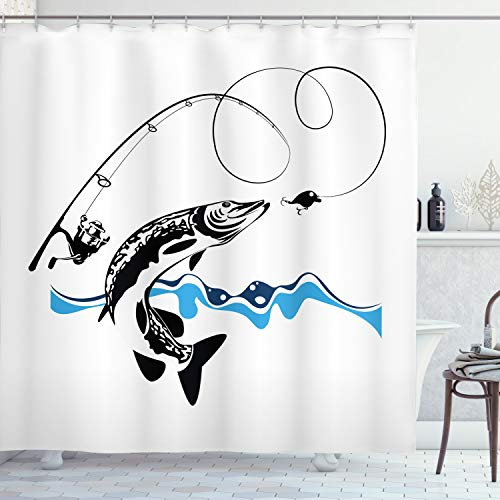ABAKUHAUS Fisch Duschvorhang, Hand gezeichnet Kunst Nautical, Stoffliches Gewebe Badezimmerdekorationsset mit Haken, 175 x 180 cm, Schwarz Blau