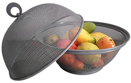 QWXOSR Obstschale Metall mit Fliegenschutz - dekorativer Obstkorb Vintage - Abgerundetes-Design Durchbrochener Aufbewahrung für Gemüse Obst Brot- Skandinavische Deko Korb 27x24cm (grau)