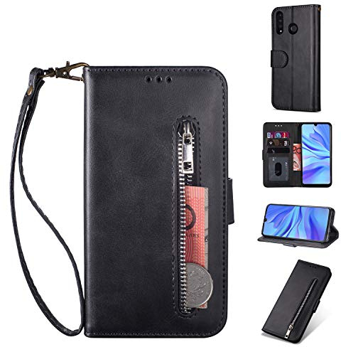 ZTOFERA Hülle für Huawei P30 Lite, Magnetisch Folio Flip Wallet Leder Standfunktion Reißverschluss schutzhülle mit Trageschlaufe, Brieftasche Hülle für Huawei P30 Lite - Schwarz