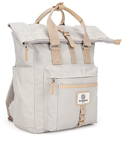 SEVENTEEN LONDON – 12L Laptop-Rucksack für Damen 15 Zoll Mädchen Jungen Schulrucksack Wasserabweisendes Nylon Gefalteten Roll Top Rucksack in Cremefarben für Universität/Reisen/Herren – 'Canary Wharf'