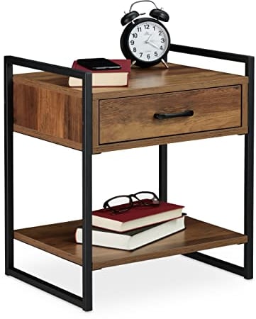 Relaxdays Nachttisch, Schublade, Industrial, Beistelltisch Wohn- & Schlafzimmer, Metall, 50x43x37 cm, Holzoptik/schwarz