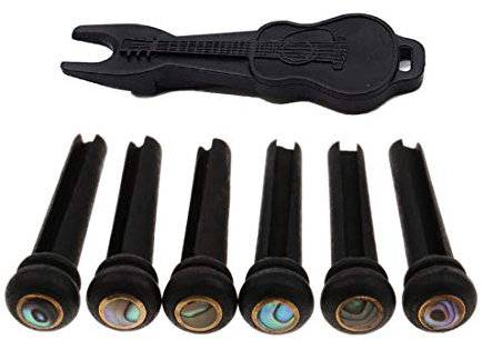 Alnicov Gitarren-Stegstifte, 6 Stück, Ebenholz, Akustikgitarre, Saitenwirbel mit Schlitz, Holzendpin mit Abalone-Punkt mit Brücken-Pins Abzieher