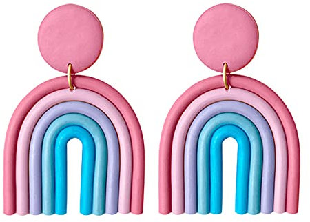 Clay Rainbow Dangle Earrings, Colorful Pink Resin U Fan Shape Round Hoop Earrings for Women VSCO Y2K Style Jewelry Gift-pink blue, Metal Resin