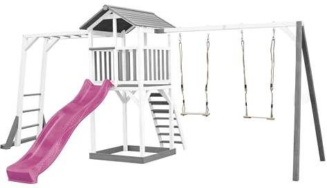 AXI Beach Tower Spielturm aus Holz in Weiß & Grau | Spielhaus für Kinder mit lila Rutsche, Klettergerüst, Doppelschaukel und Sandkasten | Stelzenhaus für den Garten
