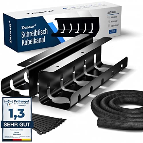 Kabelkanal Schreibtisch schwarz [2 Stück], Kabelmanagement Komplettset, inkl. Zubehör, Kabelschacht Kabelwanne