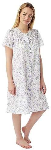 Ladies Womens Cotton Floral Print Short Sleeve Button Through Opening Nightwear Nightie - Pink Blue Lilac Nightdresses for Women UK Size 10-30 MN12 (Lilac, 12-14)