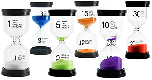 Lot de 6 Sablier Enfant, Lre Co. 1/3/5/10/15/30 Minutes Sabliers Colore kit en Verre Transparent pour Enfants, Jeu de Classe, Cuisine, Décoration de Bureau à Domicile (6 Couleurs)
