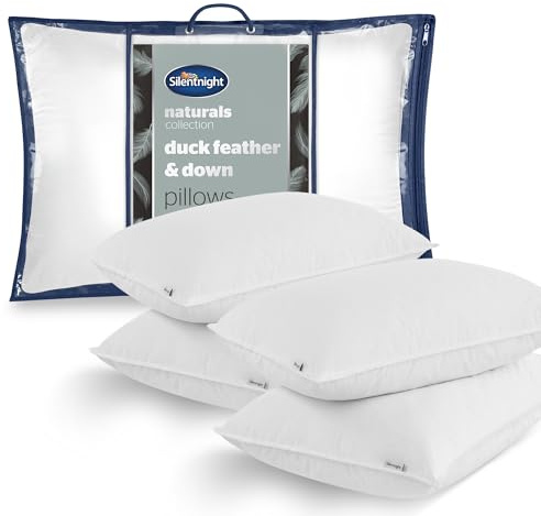 Silentnight Feather and Down Pillows 4 Pack - Luxury Hotel Quality Duck Feather Pillows with Breathable Cotton Cover and Anti-Bacterial - Machine Washable