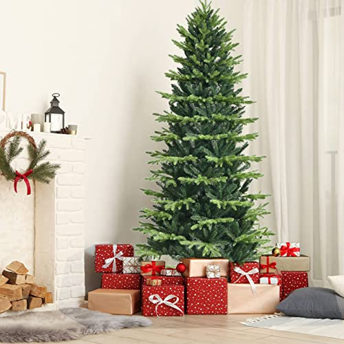 COSTWAY 5FT/6FT Artificial Christmas Tree, Hinged Green Xmas Trees with Foldable Metal Stand, Unlit Xmas Decorative Tree for Indoor Holiday Festival (1462 PVC&PE Tips, 180x98cm)