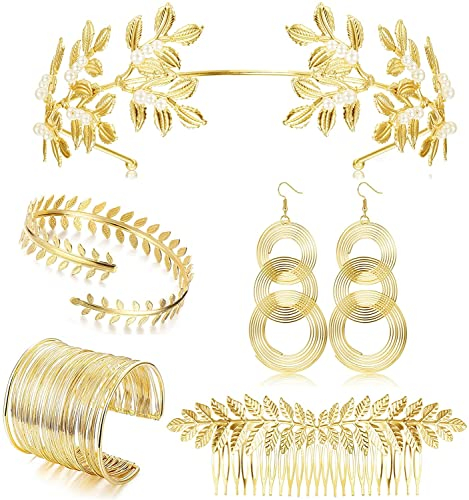 Milacolato Griechische Göttin Kostüm Schmuck Set Für Damen Römischen Lorbeerblätter Krone Diadem Haarkamm Manschette Oberarm Armbänder Swirl Ohrringe Gold Hochzeit Braut Toga Party Schmuckset 5Pcs