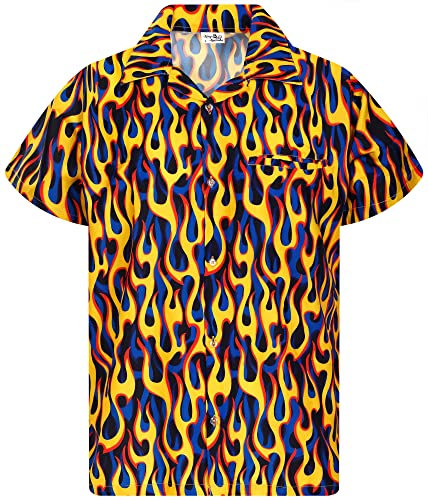 King Kameha Funky Hawaiian Shirt, Men, Shortsleeve, Flames Allover, Yellow Blue, M
