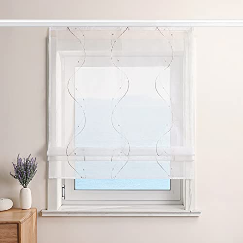 ESLIR Raffrollo Weiß Raffgardine mit Klettband Gardinen Küche Transparent Bändchenrollo Voile Bestickt mit Wellen Muster Sand BxH 80x140cm 1 Stück