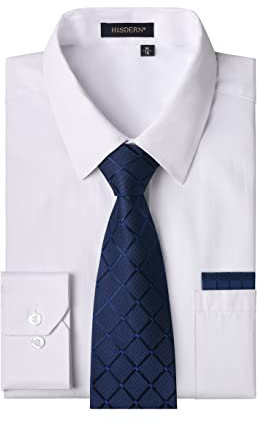 HISDERN Camisa Hombre Blanco Manga Larga Formal Camisas y Corbata Elegante Camisa de Vestir de Negocios Boda con Bolsillo Regular Fit M